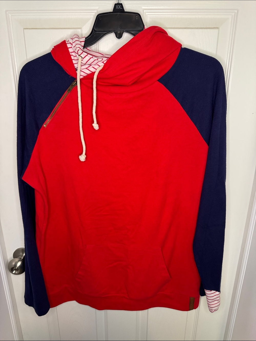 AMPERSAND AVE Red & Navy Hoodie with White & Red Striped Double Hood